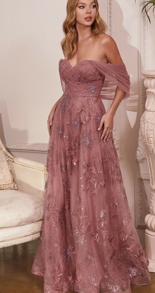 Dusty rose or gray purple off the shoulder floral tulle dress